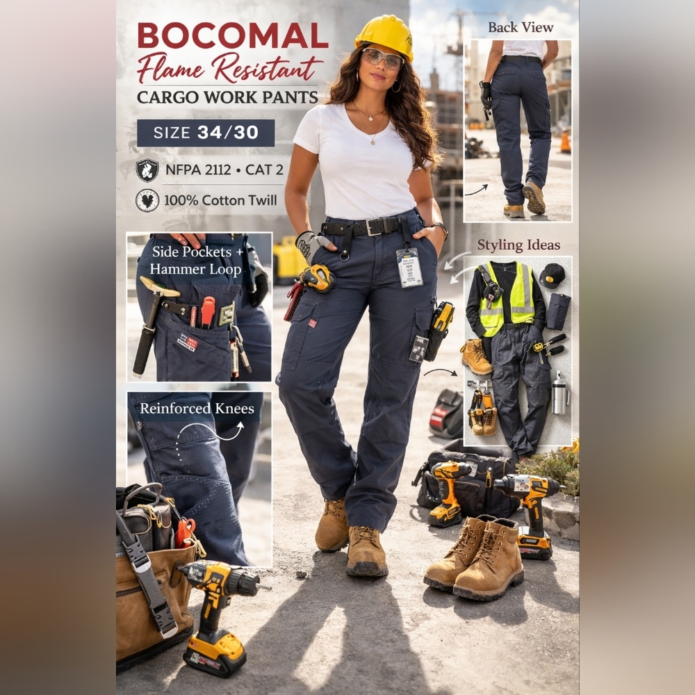 Bocomal FR Cargo Work Pants 34x30 NFPA 2112 CAT 2 Flame Resistant Cotton - Picture 14 of 14